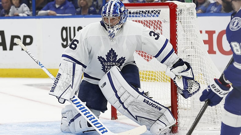 May 6, 2022; Tampa, Florida, USA; Toronto Maple Leafs goaltender Jack Campbell (36) defends the puck against the Tampa Bay Lightning during the third period of game three of the first round of the 2022 Stanley Cup Playoffs against the Tampa Bay Lightning at Amalie Arena. Mandatory Credit: Kim Klement-USA TODAY Sports
