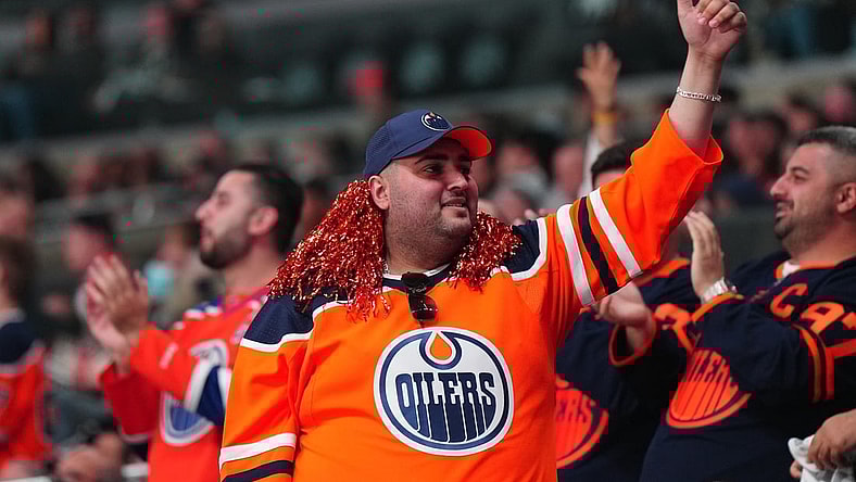 May 6, 2022; Los Angeles, California, USA; Edmonton Oilers fans react in the second period of game three of the first round of the 2022 Stanley Cup Playoffs against the LA Kings at Crypto.com Arena. Mandatory Credit: Kirby Lee-USA TODAY Sports