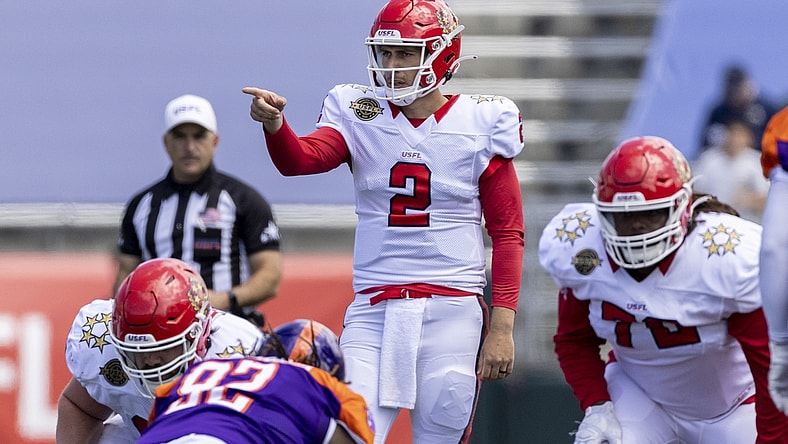 May 7, 2022; Birmingham, AL, USA; New Jersey Generals quarterback Luis Perez (2) sets up a play against the Pittsburgh Maulers during the first half at Protective Stadium. Mandatory Credit: Vasha Hunt-USA TODAY Sports