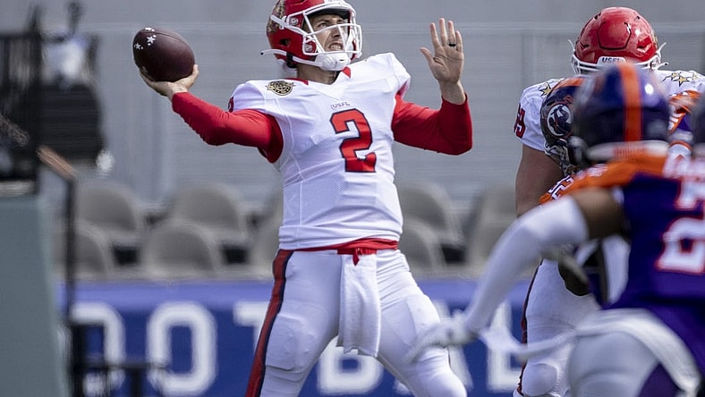 May 7, 2022; Birmingham, AL, USA; New Jersey Generals quarterback Luis Perez (2) throws against the New Jersey Generals during the second half at Protective Stadium. Mandatory Credit: Vasha Hunt-USA TODAY Sports