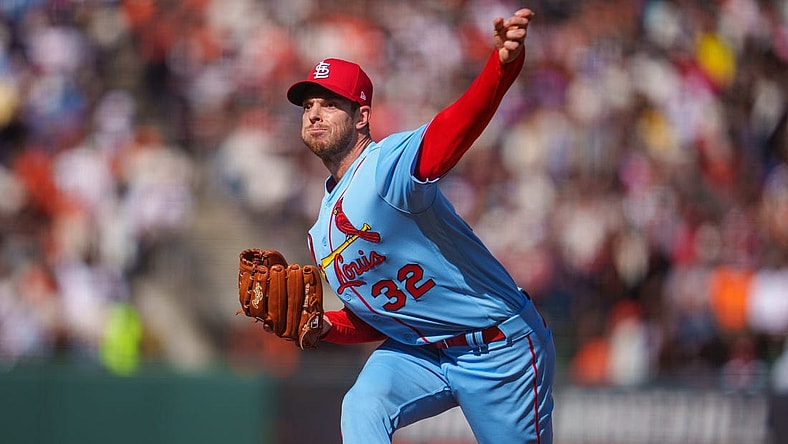 May 7, 2022; San Francisco, California, USA; St. Louis Cardinals starting pitcher Steven Matz (32) delivers a pitch during the first inning against the San Francisco Giants at Oracle Park. Mandatory Credit: Neville E. Guard-USA TODAY Sports