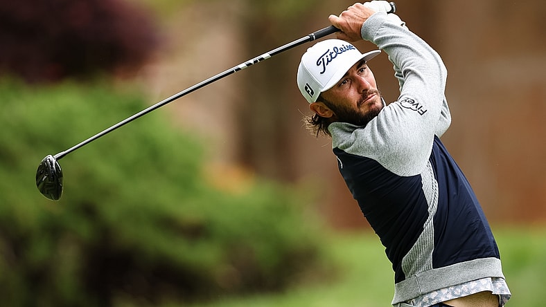 May 8, 2022; Potomac, Maryland, USA; Max Homa plays his shot from the seventh tee during the final round of the Wells Fargo Championship golf tournament. Mandatory Credit: Scott Taetsch-USA TODAY Sports