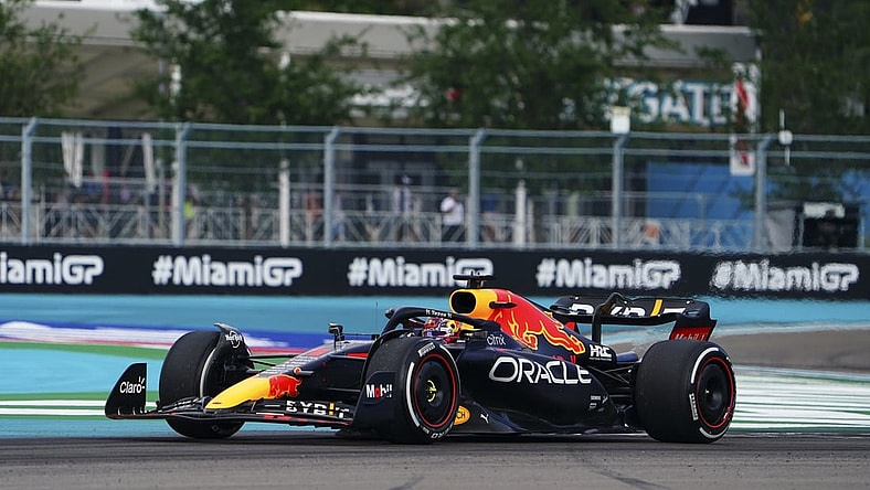 May 8, 2022; Miami Gardens, Florida, USA; Red Bull driver Max Verstappen of the Netherlands races in turn five during the Miami Grand Prix at Miami International Autodrome. Mandatory Credit: John David Mercer-USA TODAY Sports
