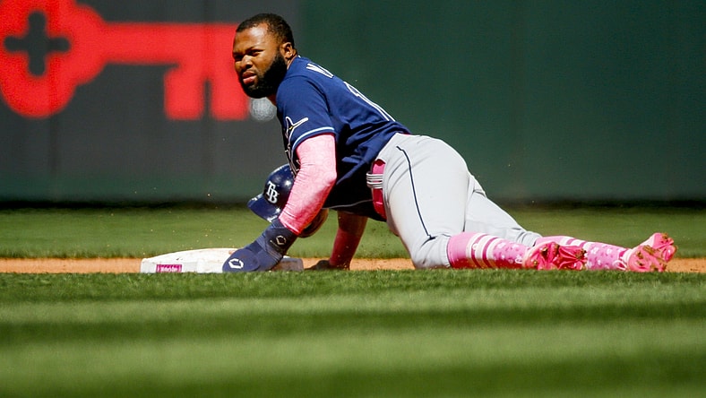 May 8, 2022; Seattle, Washington, USA; Tampa Bay Rays right fielder Manuel Margot (13) steals second base against the Seattle Mariners during the fifth inning at T-Mobile Park. Mandatory Credit: Joe Nicholson-USA TODAY Sports