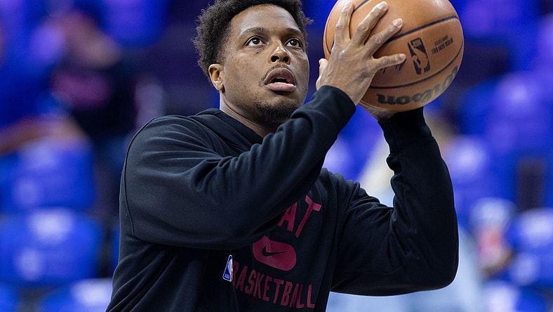 May 8, 2022; Philadelphia, Pennsylvania, USA; Miami Heat guard Kyle Lowry warms up before action against the Philadelphia 76ers in game four of the second round for the 2022 NBA playoffs at Wells Fargo Center. Mandatory Credit: Bill Streicher-USA TODAY Sports