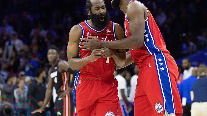 May 8, 2022; Philadelphia, Pennsylvania, USA; Philadelphia 76ers guard James Harden (1) reacts with center Joel Embiid (21) after a score against the Miami Heat during the second quarter in game four of the second round for the 2022 NBA playoffs at Wells Fargo Center. Mandatory Credit: Bill Streicher-USA TODAY Sports