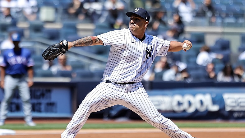 May 9, 2022; Bronx, New York, USA; New York Yankees starting pitcher Nestor Cortes throws a pitch against the Texas Rangers during the second inning at Yankee Stadium. Mandatory Credit: Jessica Alcheh-USA TODAY Sports