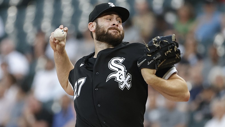 May 10, 2022; Chicago, Illinois, USA; Chicago White Sox starting pitcher Lucas Giolito (27) delivers against the Cleveland Guardians during the first inning at Guaranteed Rate Field. Mandatory Credit: Kamil Krzaczynski-USA TODAY Sports