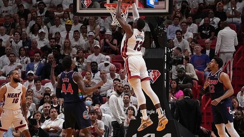 May 10, 2022; Miami, Florida, USA; Miami Heat center Bam Adebayo (13) dunks the ball against the Philadelphia 76ers during the first half in game five of the second round for the 2022 NBA playoffs at FTX Arena. Mandatory Credit: Jasen Vinlove-USA TODAY Sports