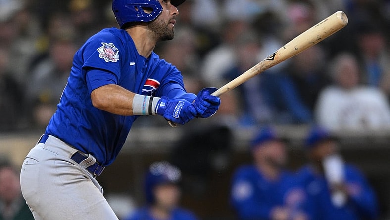 May 10, 2022; San Diego, California, USA; Chicago Cubs first baseman Alfonso Rivas (36) hits a two-run home run during the third inning against the San Diego Padres at Petco Park. Mandatory Credit: Orlando Ramirez-USA TODAY Sports