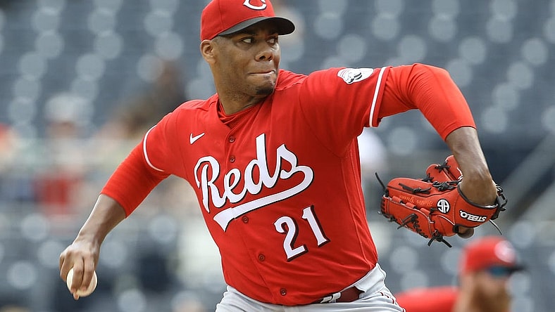 May 15, 2022; Pittsburgh, Pennsylvania, USA;  Cincinnati Reds starting pitcher Hunter Greene (21) pitches against the Pittsburgh Pirates during the sixth inning at PNC Park. Mandatory Credit: Charles LeClaire-USA TODAY Sports