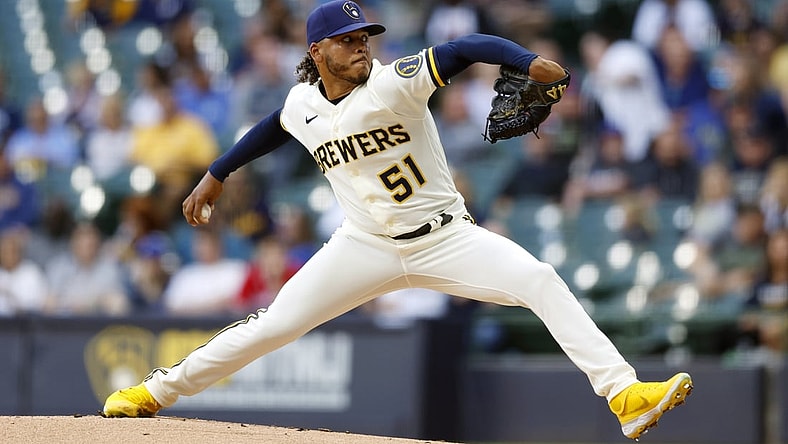 May 16, 2022; Milwaukee, Wisconsin, USA; Milwaukee Brewers pitcher Freddy Peralta (51) throws a pitch during the first inning against the Atlanta Braves at American Family Field. Mandatory Credit: Jeff Hanisch-USA TODAY Sports