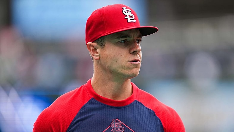 May 3, 2022; Kansas City, Missouri, USA; St. Louis Cardinals left fielder Tyler O'Neill (27)  before the game against the Kansas City Royals at Kauffman Stadium. Mandatory Credit: Jay Biggerstaff-USA TODAY Sports