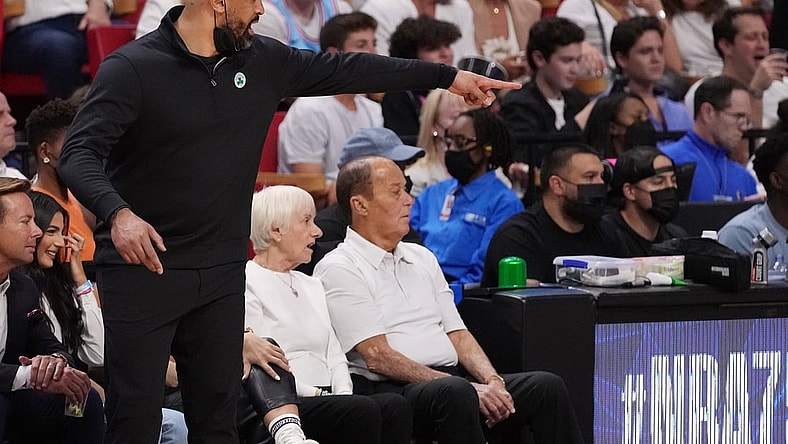 May 17, 2022; Miami, Florida, USA; Boston Celtics head coach Ime Udoka calls out to his players against the Miami Heat during the first half of game one of the 2022 eastern conference finals at FTX Arena. Mandatory Credit: Jasen Vinlove-USA TODAY Sports