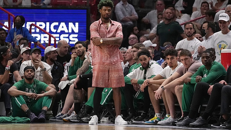 May 17, 2022; Miami, Florida, USA; Boston Celtics guard Marcus Smart (36) seen courtside along the beach during the second half against the Miami Heat in game one of the 2022 eastern conference finals at FTX Arena. Mandatory Credit: Jasen Vinlove-USA TODAY Sports