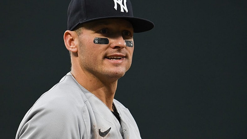 May 18, 2022; Baltimore, Maryland, USA;  New York Yankees third baseman Josh Donaldson (28) stands at third base during the second inning against the Baltimore Orioles at Oriole Park at Camden Yards. Mandatory Credit: Tommy Gilligan-USA TODAY Sports