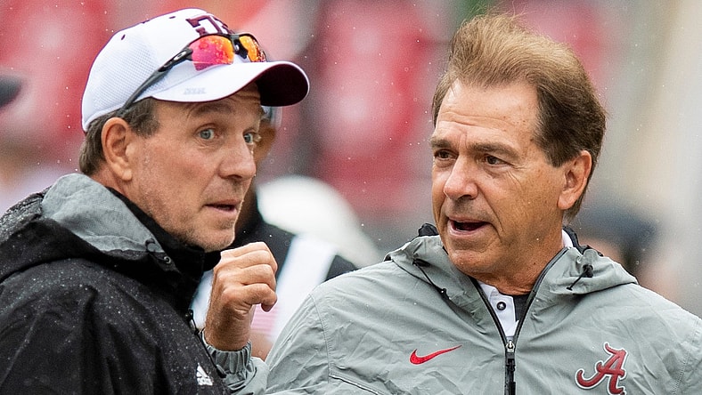 Texas A&M head coach Jimbo Fisher andAlabama head coach Nick Saban chat at midfield before the Alabama vs. Texas A&M game in Tuscaloosa, Ala., on Saturday September 22, 2018.

Pre420
