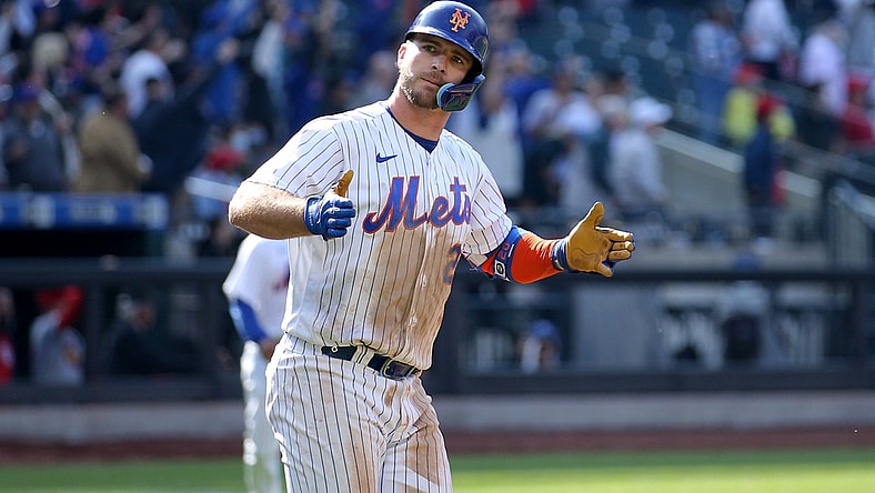 May 19, 2022; New York City, New York, USA; New York Mets first baseman Pete Alonso (20) reacts after hitting a game winning two run home run against the St. Louis Cardinals during the tenth inning at Citi Field. Mandatory Credit: Brad Penner-USA TODAY Sports