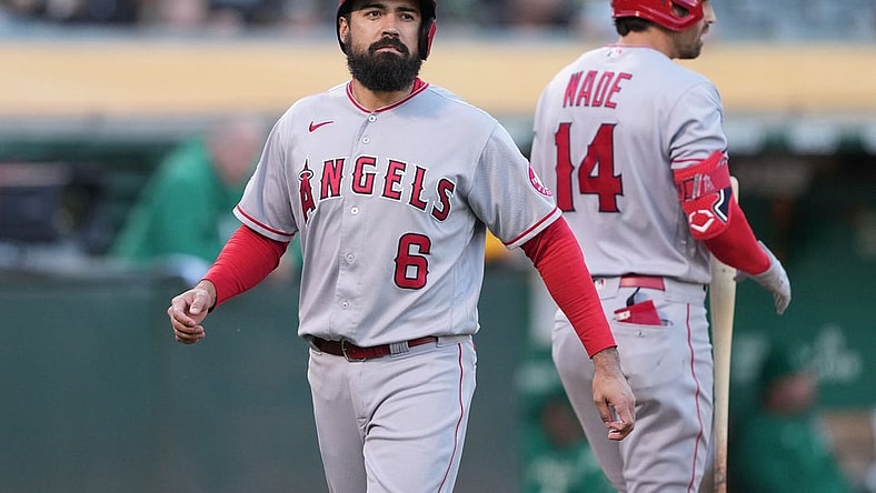 May 14, 2022; Oakland, California, USA; Los Angeles Angels third baseman Anthony Rendon (6) during the second inning against the Oakland Athletics at RingCentral Coliseum. Mandatory Credit: Darren Yamashita-USA TODAY Sports