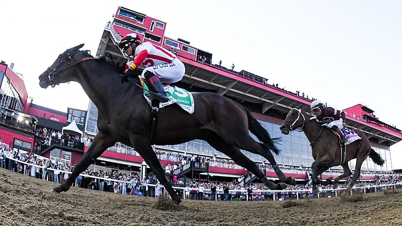 May 21, 2022; Baltimore, MD, USA;  Jose L Ortiz aboard Early Voting  wins the running of the 147 Preakness Stakes at Pimlico Race Course. Mandatory Credit: Tommy Gilligan-USA TODAY Sports