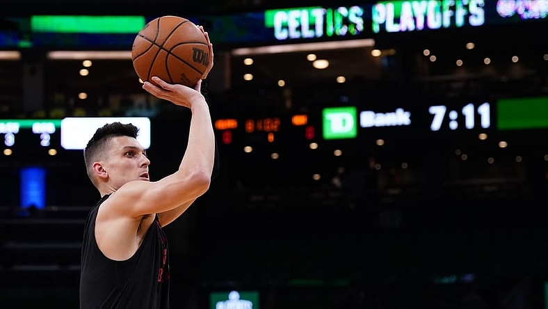 May 21, 2022; Boston, Massachusetts, USA; Miami Heat guard Tyler Herro (14) warms up before game three of the 2022 eastern conference finals against the Boston Celtics at TD Garden. Mandatory Credit: David Butler II-USA TODAY Sports