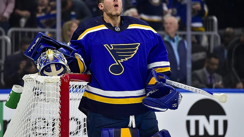 May 21, 2022; St. Louis, Missouri, USA; St. Louis Blues goaltender Jordan Binnington (50) looks on before the playing the Colorado Avalanche in game three of the second round of the 2022 Stanley Cup Playoffs at Enterprise Center. Mandatory Credit: Jeff Curry-USA TODAY Sports