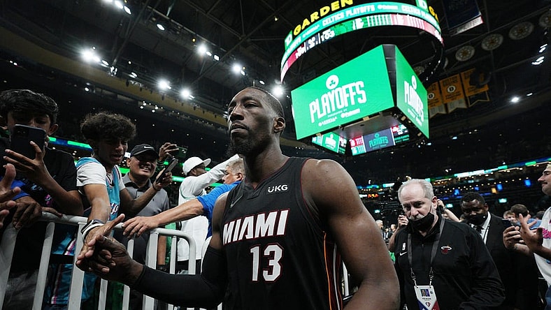 May 21, 2022; Boston, Massachusetts, USA; Miami Heat center Bam Adebayo (13) exits the court after defeating the Boston Celtics during game three of the 2022 eastern conference finals at TD Garden. Mandatory Credit: David Butler II-USA TODAY Sports