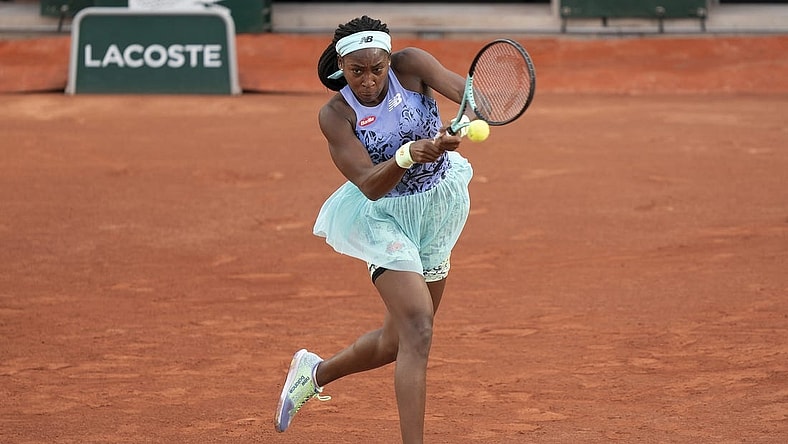 May 22, 2022; Paris, France; Coco Gauff (USA) returns the ball during her match against Rebecca Marino (CAN) on day one of the French Open at Stade Roland-Garros. Mandatory Credit: Susan Mullane-USA TODAY Sports