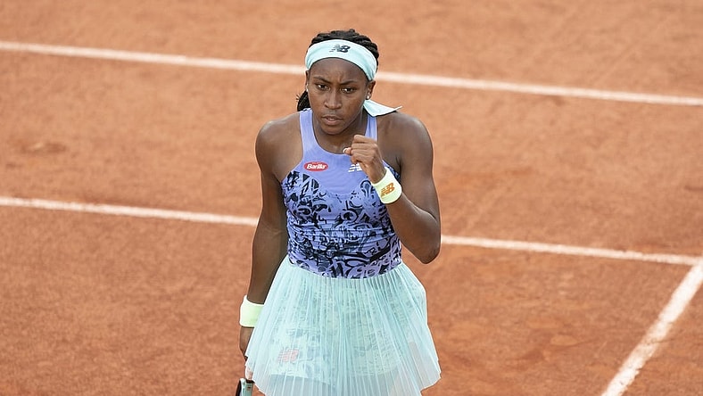 May 22, 2022; Paris, France;  Coco Gauff (USA) reacts to a point during her match against Rebecca Marino (CAN) on day one of the French Open at Stade Roland-Garros. Mandatory Credit: Susan Mullane-USA TODAY Sports