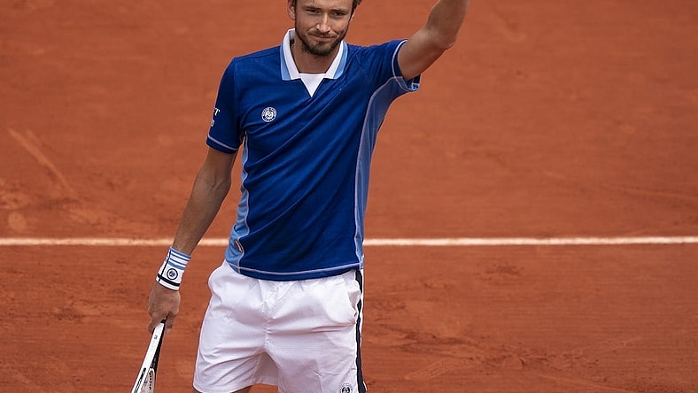 May 24, 2022; Paris, France; Daniil Medvedev after winning his match against Fecund Bagnis (ARG) on day three of the French Open at Stade Roland-Garros.Mandatory Credit: Susan Mullane-USA TODAY Sports