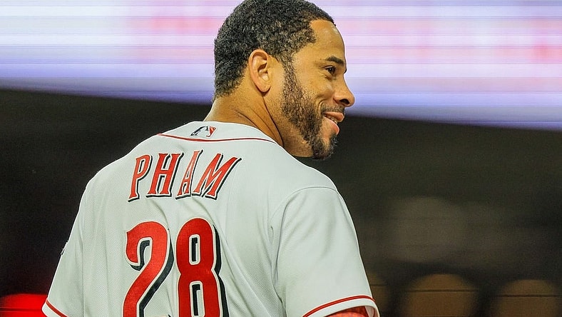 Apr 27, 2022; Cincinnati, Ohio, USA; Cincinnati Reds left fielder Tommy Pham (28) during the seventh inning against the San Diego Padres at Great American Ball Park. Mandatory Credit: Katie Stratman-USA TODAY Sports