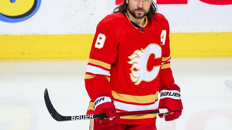 May 26, 2022; Calgary, Alberta, CAN; Calgary Flames defenseman Christopher Tanev (8) skates during the warmup period against the Edmonton Oilers in game five of the second round of the 2022 Stanley Cup Playoffs at Scotiabank Saddledome. Mandatory Credit: Sergei Belski-USA TODAY Sports