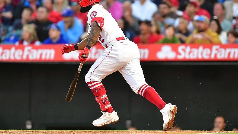 May 26, 2022; Anaheim, California, USA; Los Angeles Angels second baseman Luis Rengifo (2) hits an RBI single against the Toronto Blue Jays during the third inning at Angel Stadium. Mandatory Credit: Gary A. Vasquez-USA TODAY Sports