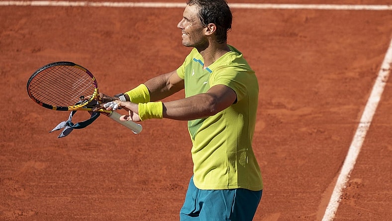 May 27, 2022; Paris, France; Rafael Nadal (ESP) celebrates match point during his match against Botic Van De Zandschulp (NED) on day six of the French Open at Stade Roland-Garros. Mandatory Credit: Susan Mullane-USA TODAY Sports