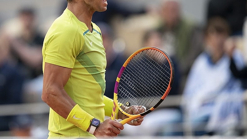 May 29, 2022; Paris, France; Rafael Nadal (ESP) reacts to a point during his match against Felix Auger-Aliassime (CAN) on day eight of the French Open at Stade Roland-Garros. Mandatory Credit: Susan Mullane-USA TODAY Sports