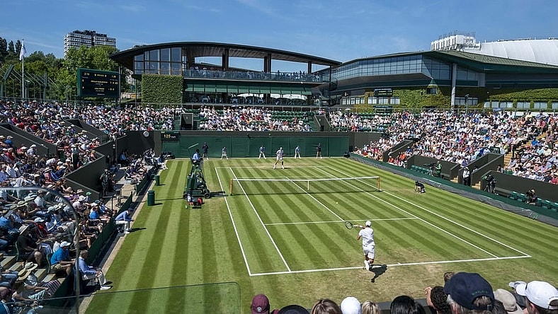 Jul 4, 2019; London, United Kingdom;  General view of Court 3 during the Mikhail Kukushkin (KAZ)  and John Isner (USA) match on day four at the All England Lawn and Croquet Club. Mandatory Credit: Susan Mullane-USA TODAY Sports
