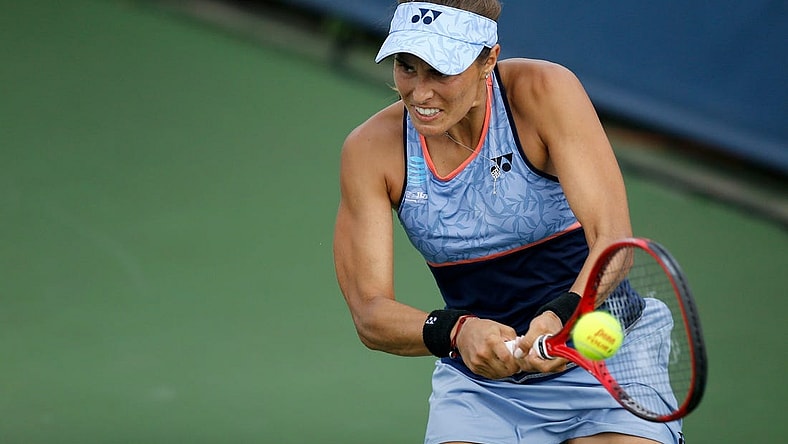 Monica Puig returns a serve in the second set during the Western & Southern Open match between Monica Puig and Yafan Wang at the Lindner Family Tennis Center in Mason, Ohio, on Tuesday, Aug. 13, 2019. Wang advanced with a 3-6, 7-5, 6-3 win. 

Monica Puig Vs Yafan Wang Western Southern Open
