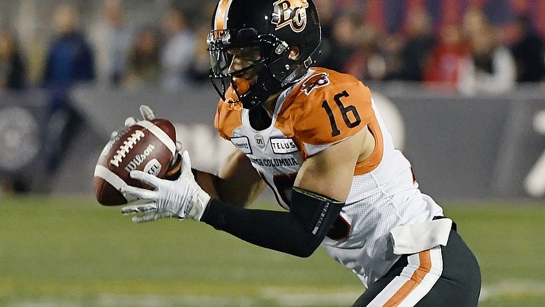 Sep 6, 2019; Montreal, Quebec, CAN; BC Lions wide receiver Bryan Burnham (16) catches the ball against the Montreal Alouettes in the third quarter during a Canadian Football League game at Percival Molson Memorial Stadium. Mandatory Credit: Eric Bolte-USA TODAY Sports