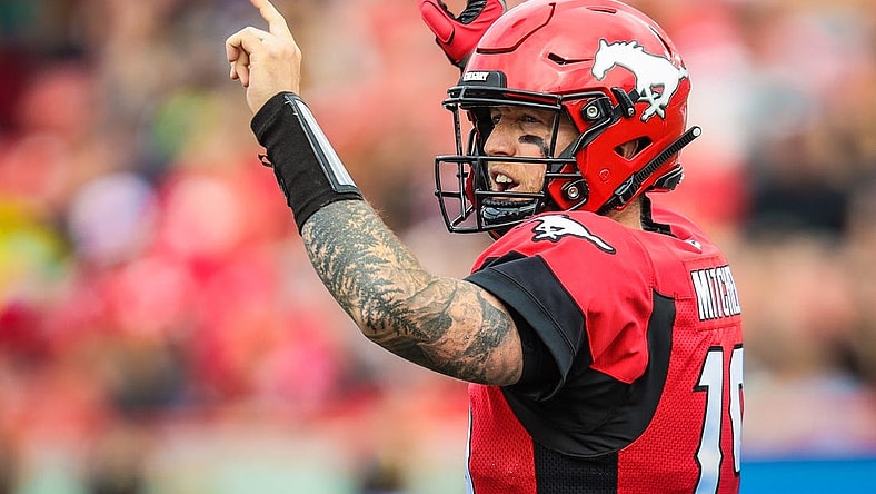 Sep 14, 2019; Calgary, Alberta, CAN; Calgary Stampeders quarterback Bo Levi Mitchell (19) reacts against the Hamilton Tiger-Cats in the first half during a Canadian Football League game at McMahon Stadium. Mandatory Credit: Sergei Belski-USA TODAY Sports