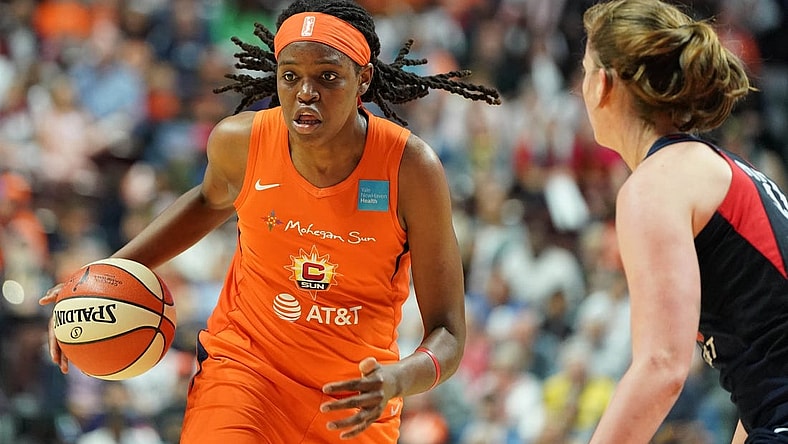 Oct 8, 2019; Uncasville, CT, USA; Connecticut Sun forward Jonquel Jones (35) drives the ball against the Washington Mystics during the second quarter in game four of the 2019 WNBA Finals at Mohegan Sun Arena. Mandatory Credit: David Butler II-USA TODAY Sports