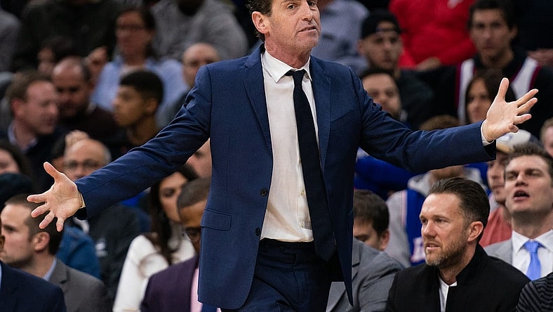 Jan 15, 2020; Philadelphia, Pennsylvania, USA; Brooklyn Nets head coach Kenny Atkinson reacts during the second quarter against the Philadelphia 76ers at Wells Fargo Center. Mandatory Credit: Bill Streicher-USA TODAY Sports