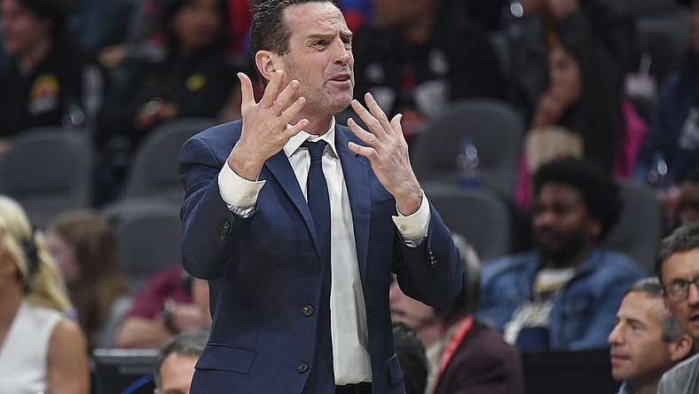 Feb 28, 2020; Atlanta, Georgia, USA; Brooklyn Nets head coach Kenny Atkinson reacts after a play during the game against the Atlanta Hawks during the first half at State Farm Arena. Mandatory Credit: Dale Zanine-USA TODAY Sports