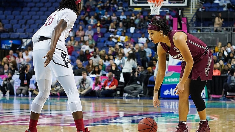 Mar 7, 2020; Greensboro, North Carolina, USA; Florida State Seminoles guard Nausia Woolfolk (13) handles the ball against Louisville Cardinals guard Jazmine Jones (23)  during the first half at Greensboro Coliseum. Mandatory Credit: Jim Dedmon-USA TODAY Sports
