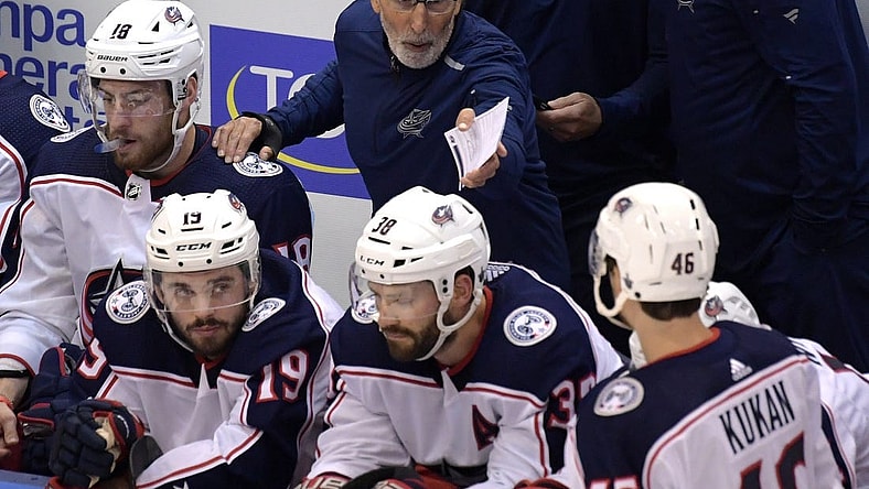 Aug 11, 2020; Toronto, Ontario, CAN;  Columbus Blue Jackets head coach John Tortorella gestures as he speaks to his players in game one of the first round of the 2020 Stanley Cup Playoffs against Tampa Bay LIghtning at Scotiabank Arena. Mandatory Credit: Dan Hamilton-USA TODAY Sports