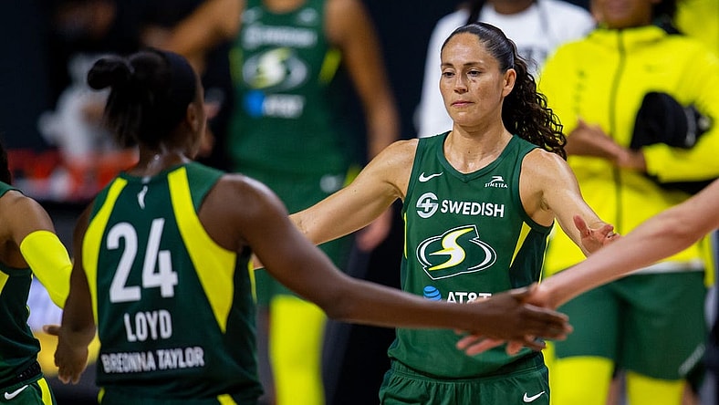 Sep 24, 2020; Bradenton, Florida, USA; Seattle Storm guard Sue Bird (10) celebrates with teammates after winning Game 2 of the WNBA semi-finals against the Minnesota Lynx at Feld Entertainment. Mandatory Credit: Mary Holt-USA TODAY Sports