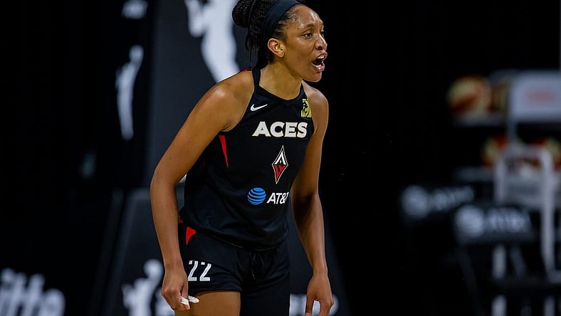 Sep 29, 2020; Bradenton, Florida, USA; Las Vegas Aces center A'ja Wilson (22) reacts to a call during game 5 of the WNBA semifinals between the Connecticut Suns and the Las Vegas Aces at IMG Academy. Mandatory Credit: Mary Holt-USA TODAY Sports