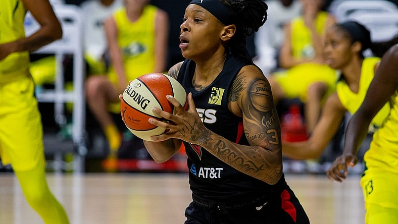 Oct 2, 2020; Bradenton, Florida, USA; Las Vegas Aces forward Emma Cannon (32) during game 1 of the WNBA finals against the Seattle Storm at IMG Academy. Mandatory Credit: Mary Holt-USA TODAY Sports