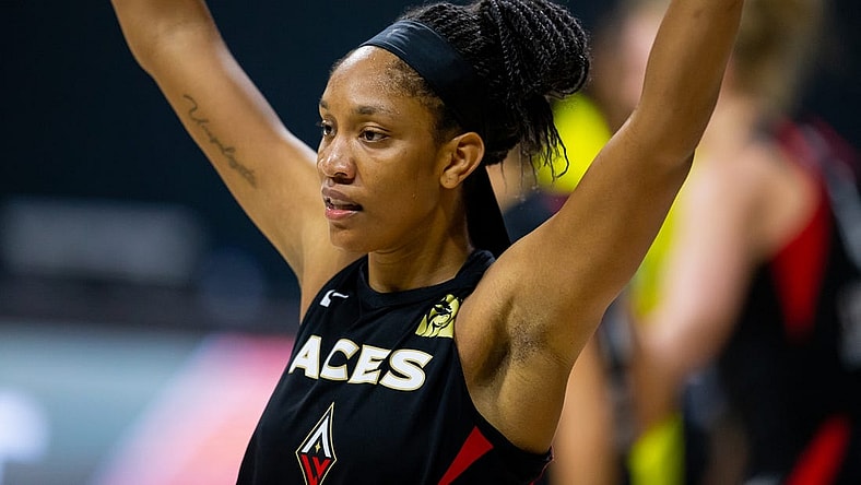 Oct 2, 2020; Bradenton, Florida, USA; Las Vegas Aces center A'ja Wilson (22) plays defense during game 1 of the WNBA finals against the Seattle Storm at IMG Academy. Mandatory Credit: Mary Holt-USA TODAY Sports