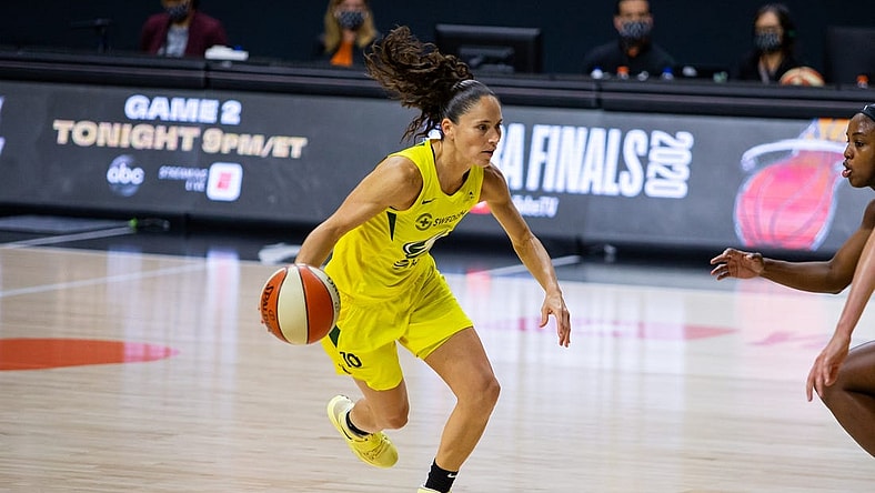 Oct 2, 2020; Bradenton, Florida, USA; Seattle Storm guard Sue Bird (10) drives during game 1 of the WNBA finals against the Las Vegas Aces at IMG Academy. Mandatory Credit: Mary Holt-USA TODAY Sports