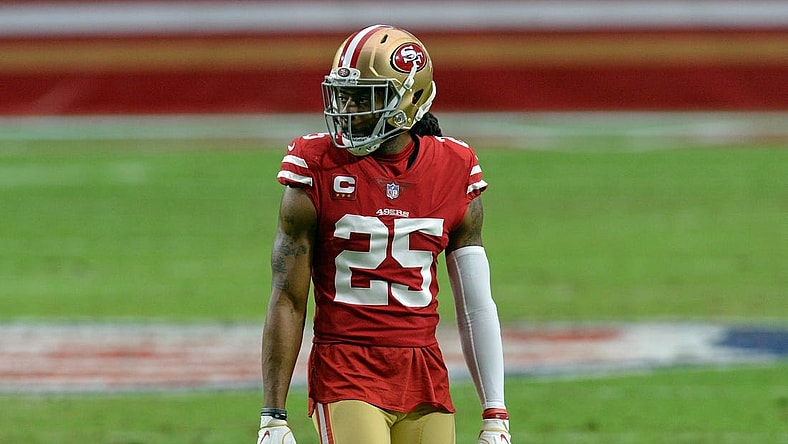 Dec 13, 2020; Glendale, Arizona, USA; San Francisco 49ers cornerback Richard Sherman (25) looks on against the Washington Football Team during the first half at State Farm Stadium. Mandatory Credit: Joe Camporeale-USA TODAY Sports